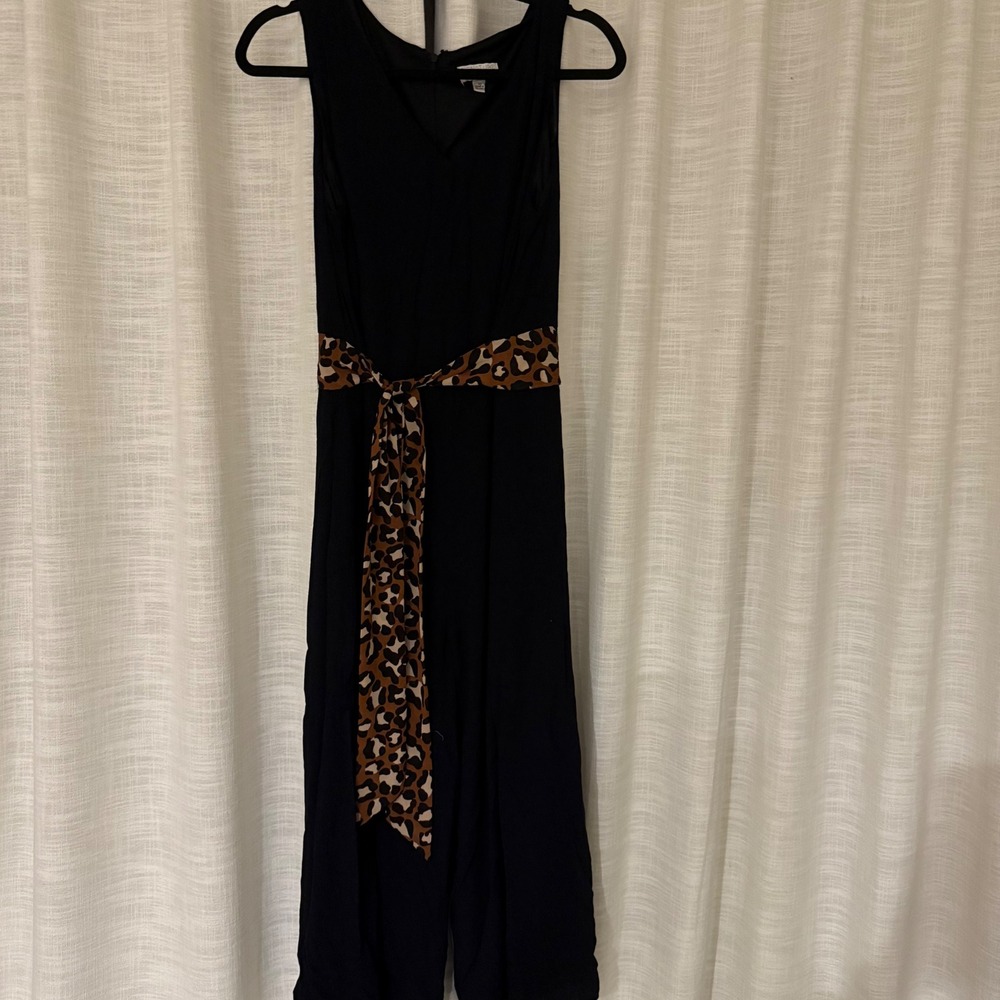 Signature by Robbie Bee Black Jumpsuit Leopard Print Sash‎ Tie Waist size 10
